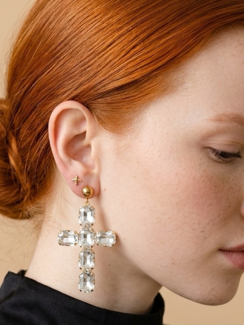 Gold Luxury Crystal Cross Drop Statement Earrings